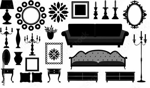 Illustration of various furniture and decorative items including sofas lamps and mirror frames in black and white |  editable eps vectors silhouette