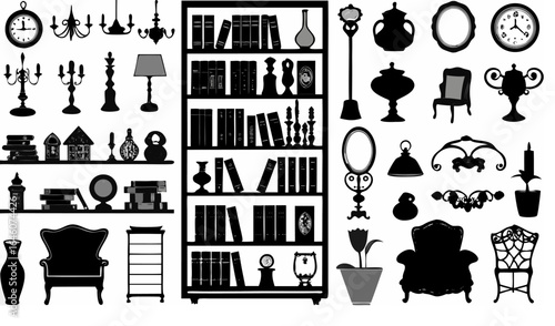 Silhouette illustration showcasing various furniture pieces and decorative items in a detailed design style |  editable eps vectors