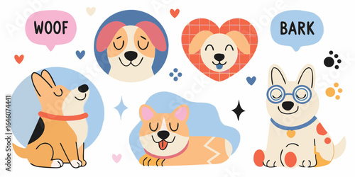 Cute cartoon dogs with speech bubbles and hearts