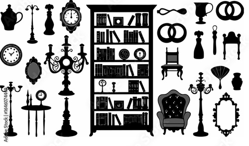Silhouette illustration featuring furniture items such as chairs clocks and a bookcase with books |  editable eps vectors