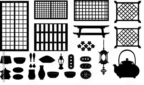 Illustration featuring traditional japanese elements including shoji screens, lanterns, and tea set items |  editable eps vectors silhouette