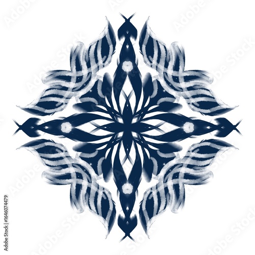 A symmetrical indigo mandala with geometric floral patterns arranged in a circular formation. The design features interlocking shapes and soft brushstroke textures, creating a sense of harmony, balanc