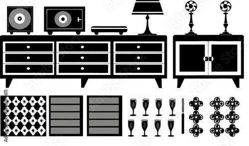 Illustration of furniture including dresser, cabinets, lamps, glasses, and decorative items arranged nicely |  editable eps vectors silhouette