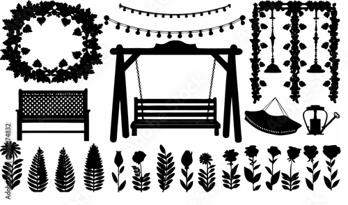 Illustration of a garden scene with swing set, benches, plants, lights, and hanging floral decorations |  editable eps vectors silhouette