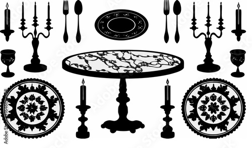 Illustration of a dining table setting with plates, cutlery, candles and glassware in black silhouette |  editable eps vectors