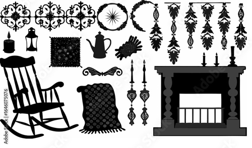 Silhouette of rocking chair and fireplace with various decorative elements and home furnishings shown indoors |  editable eps vectors
