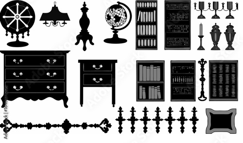 Illustration of various furniture items including dressers, bookcases, lamps, and decorative objects |  editable eps vectors silhouette