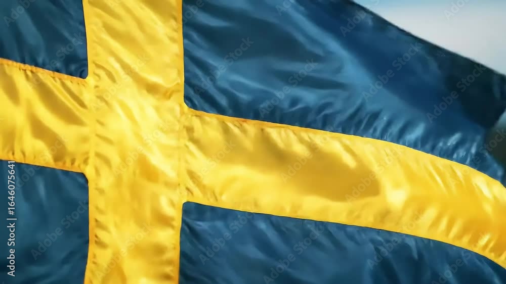 Swedish Flag Waving National Symbol in Motion, Close-Up View