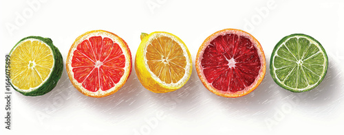 Colorful Citrus Fruits in a Row Vibrant Halves of Grapefruit Lemon Blood Orange and Lime for Healthy Eating and Refreshing Summer Drinks Food Illustration