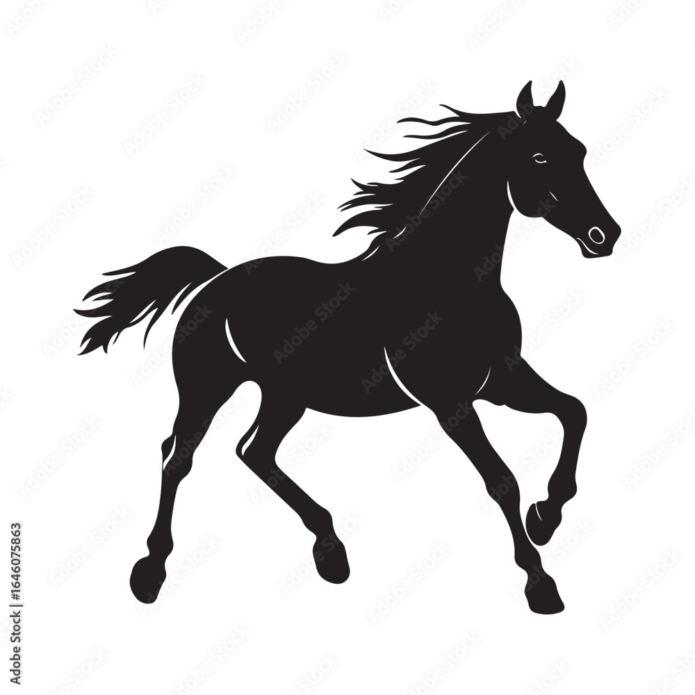 Obraz premium Running horse silhouette, Running horse vector illustration, Silhouette of a horse running black vector art illustration, Solid black vector silhouette of a horse in motion.