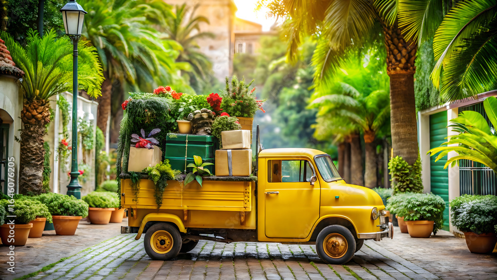 Obraz premium Charming yellow truck laden with plants and boxes delivery vehicle potted plants