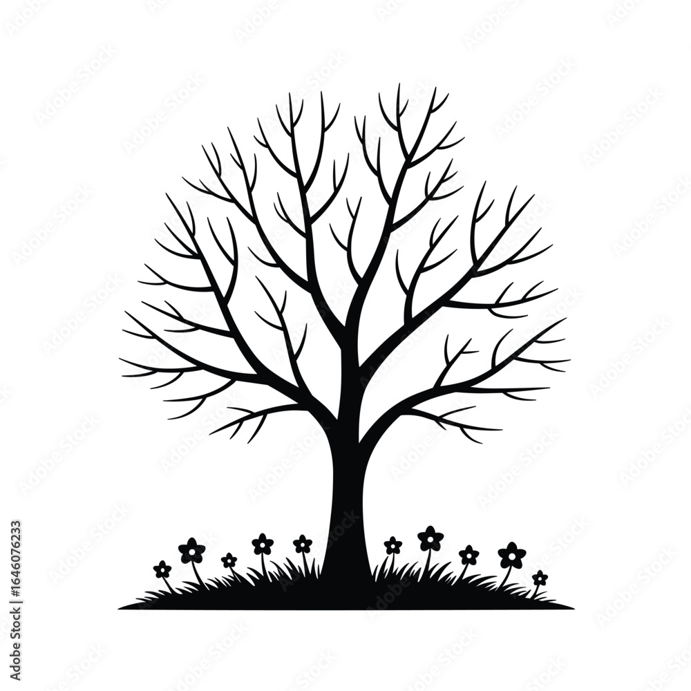 Obraz premium Bare tree silhouette with flowers, elegant nature design vector clipart, isolated on white background.
