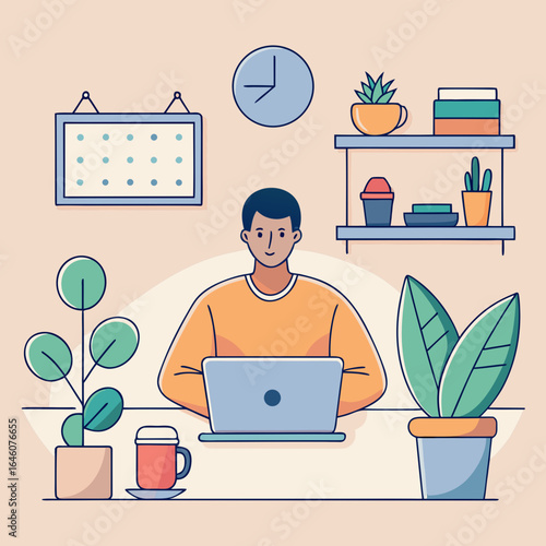 A man sits at a desk working on a laptop in a home office setting, surrounded by plants and decorative items.