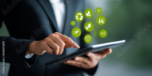 Sustainable innovation strategies corporate office digital interaction eco-friendly environment close-up view green technology concept