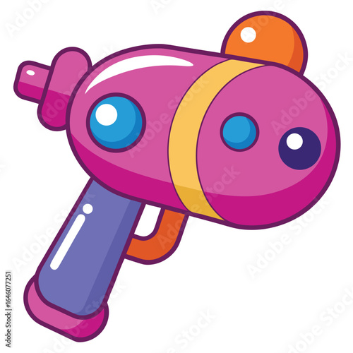 A colorful cartoon bubble gun. Fun pink and purple toy blaster isolated on a white background.