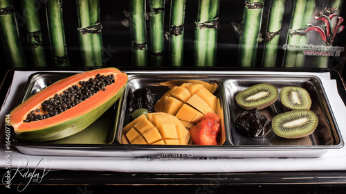 tropical fruit platter with papaya, mango, and kiwi