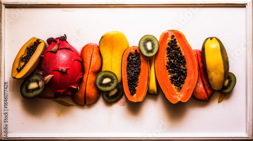 tropical fruit platter with papaya, mango, and kiwi