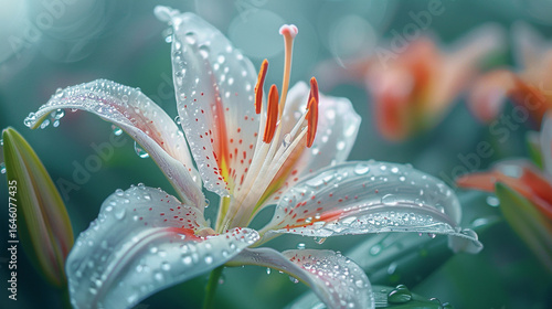 A close-up of a lily with morning dew
