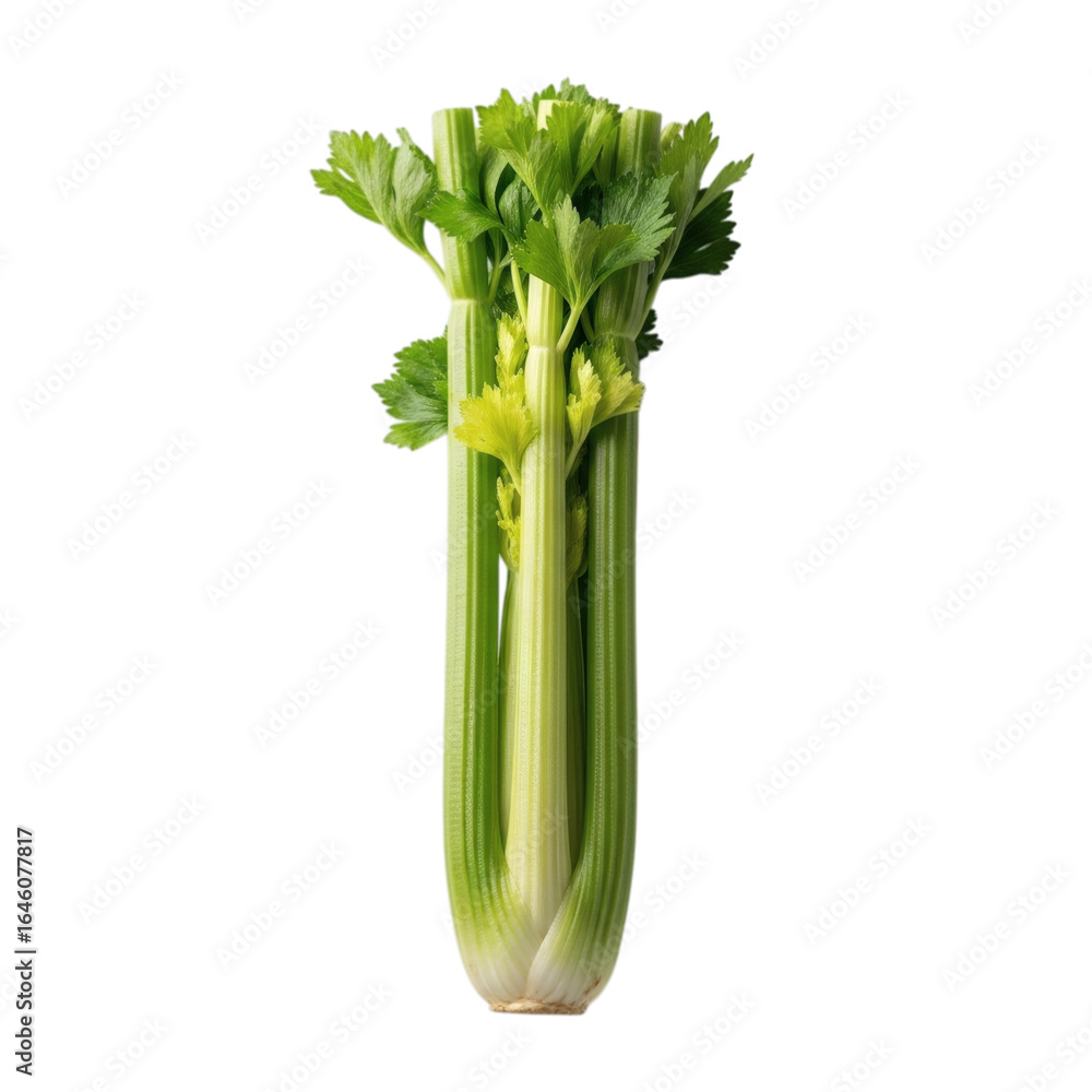 Fototapeta premium Fresh celery stalk with green leaves on black background