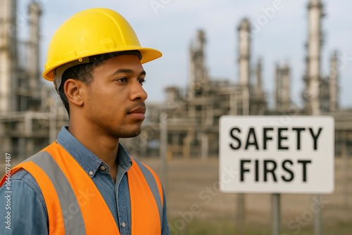 Side Profile of African American Plant Operator wearing His Safety Gear at an Oil Refinery. Safety at Work Safety First.