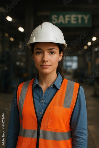 Portrait of Young Female Engineer wearing Safety Gear at Industrial Factory Complex.