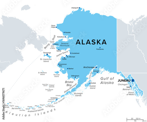 State of Alaska, part of Western United States, political map, with capital Juneau and largest cities and towns. Non-contiguous U.S.state on the northwest extremity of North America. Isolated. Vector