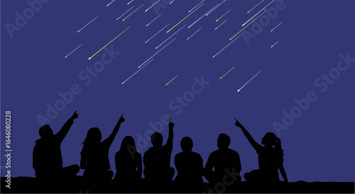 A minimalist vector art illustration of a community watching a celestial event. 