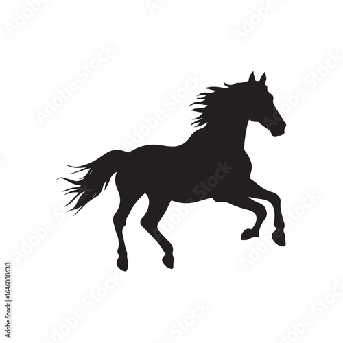 Running horse silhouette, Running horse vector illustration, Silhouette of a horse running black vector art illustration, Solid black vector silhouette of a horse in motion.