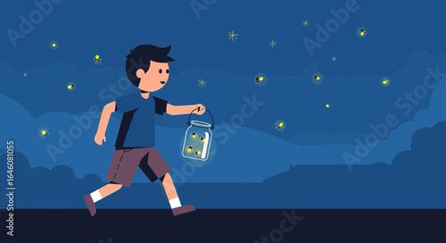 A boy catching fireflies in a jar on a summer night under the starry sky illuminating the dark landscape creating magical childhood memories