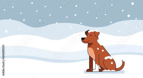 A charming dog sitting in the snow surrounded by a serene winter landscape with snowfall and gentle hills
