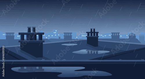 A Cartoonish cityscape on a rainy day with a focus on rooftops chimneys and puddles