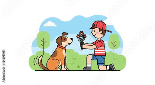 A charming illustration of a boy offering flowers to his loyal dog in a park setting cartoonish design adding a touch of joy and affection