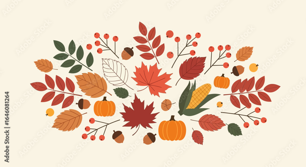 Fototapeta premium Autumnal Harvest Arrangement With Pumpkins Leaves Berries and Acorns For Fall Celebrations
