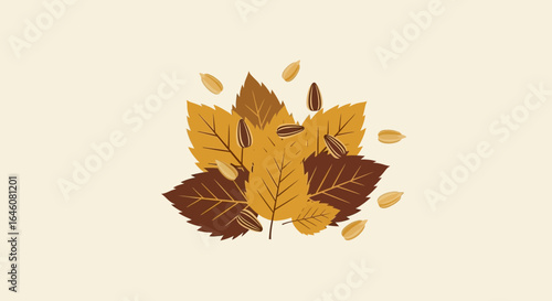 Autumnal harmony: stylized leaves and scattered sunflower seeds convey the essence of fall harvest season and natural beauty