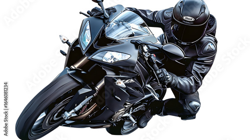 Motorcycle Rider in Black Leather, isolated on transparent background