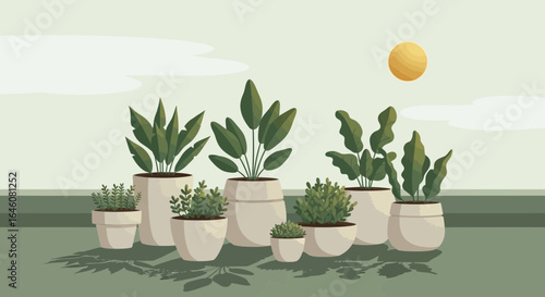 A collection of potted plants indoors with bright sunshine creating a serene atmosphere