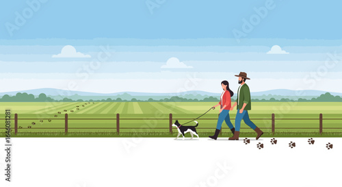 A couple enjoys a leisurely walk with their dog on a picturesque rural farm