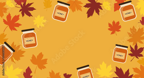 Autumnal harvest background with honey jars and colorful falling maple leaves