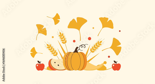 Autumnal Harvest Illustration with Pumpkins, Apples, Wheat and Ginkgo Leaves in Warm Tones