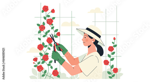 A female gardener tending to her climbing roses on a trellis in her garden in spring