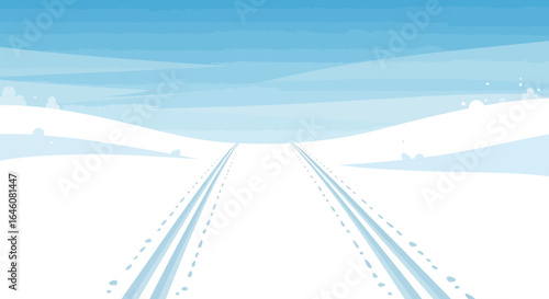 Cartoonish winter landscape featuring a snowy field with track marks reaching towards horizon