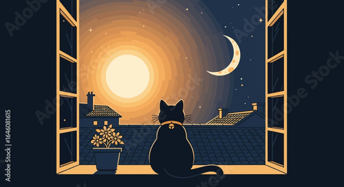 Cat gazing at the night sky through an open window a blend of serene and dreamy atmosphere in the rooftop scene