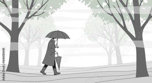 A monochromatic illustration of a man walking with umbrellas in a park on a rainy day