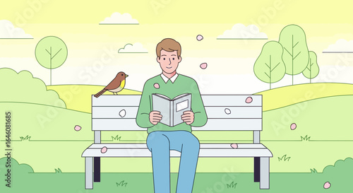 A peaceful spring day at the park with a man reading a book next to a bird