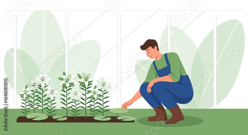 A serene depiction of a gardener tending to white lilies in a lush greenhouse environment showcasing botanical care