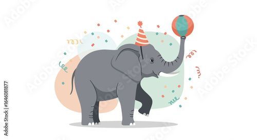 Celebration Elephant With Party Hat And Balloon In Festive Confetti