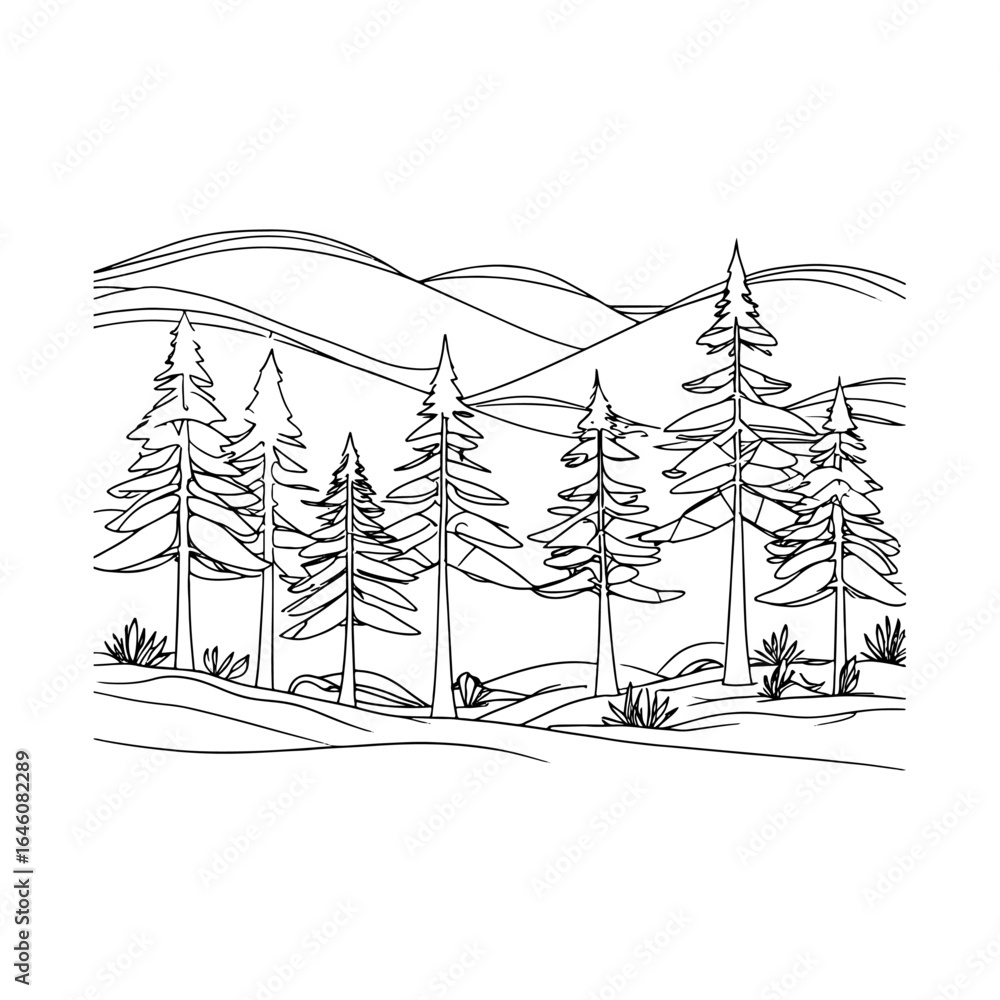 Obraz premium Graphic illustration of a pine forest in front of a mountain range: This image represents the natural beauty of forests and mountains in a simple and artistic way, perfect for modern design.