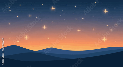 A serene vector landscape illustration of rolling hills under a starry twilight sky