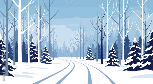 A serene winter forest landscape with snow-covered ground and winding tracks between trees