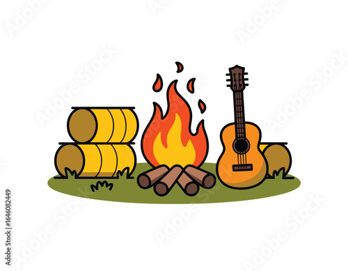 Campfire music with guitar and hay bales vector clipart, isolated on white background.